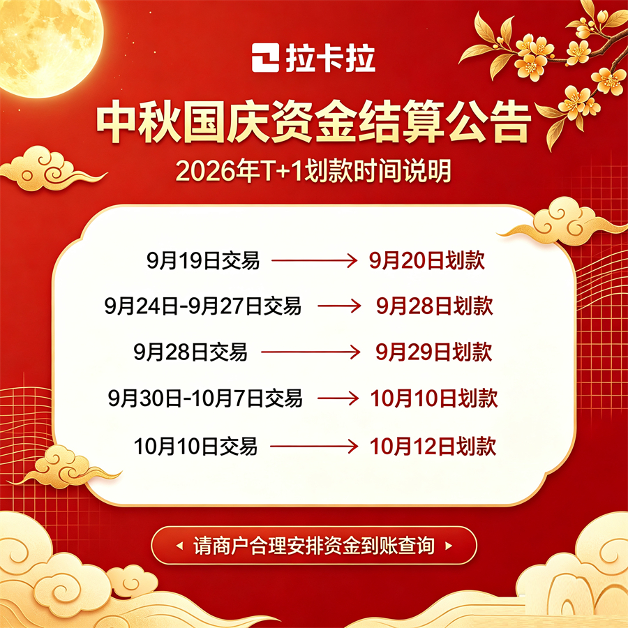 2026年中秋国庆拉卡拉商户划款日程T+1结算到账时间说明-第1张图片-拉卡拉POS机办理 2026年中秋国庆拉卡拉商户划款日程T+1结算到账时间说明-第1张图片-拉卡拉POS机办理